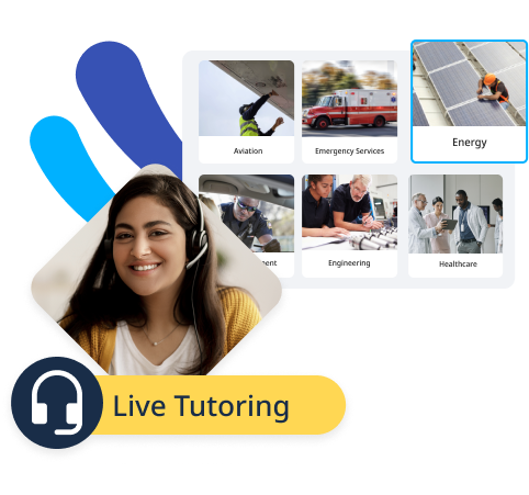 Collage of industry-specfic course in Rosetta Stone for Enterprise and female language tutor